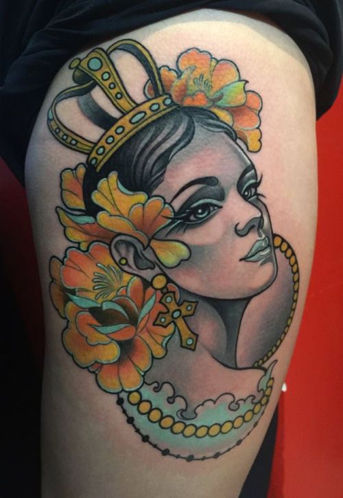 Crown Girl Mayan Tattoo On Side Thigh