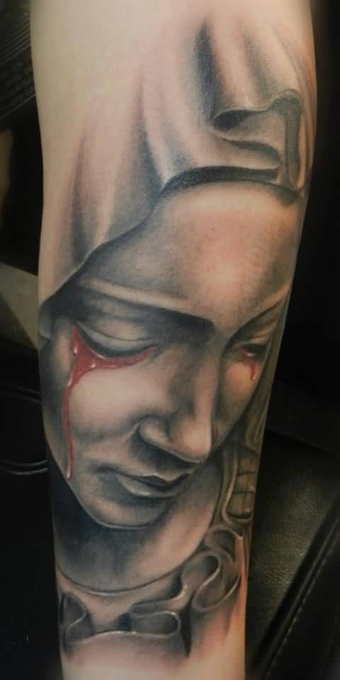 Crying Eye Virgin Mary Tattoo On Arm Sleeve