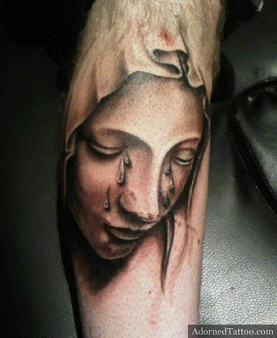 Crying Virgin Mary Tattoo Design On Forearm