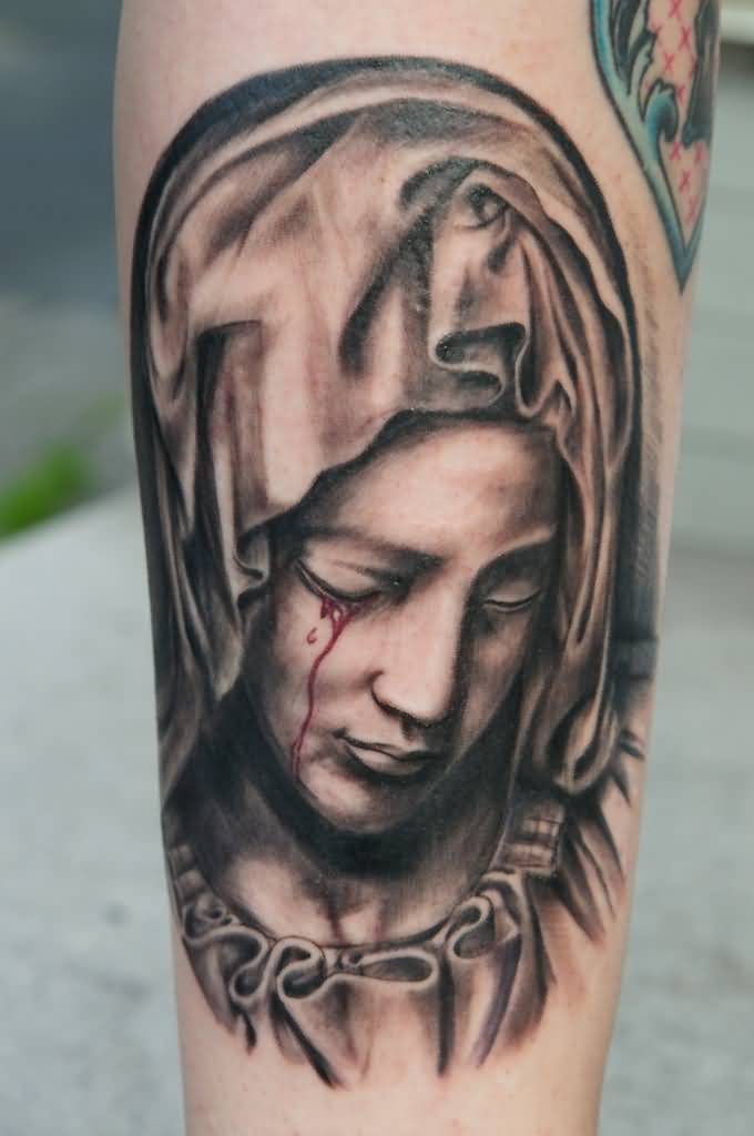 Crying Virgin Mary Tattoo On Leg by Graynd