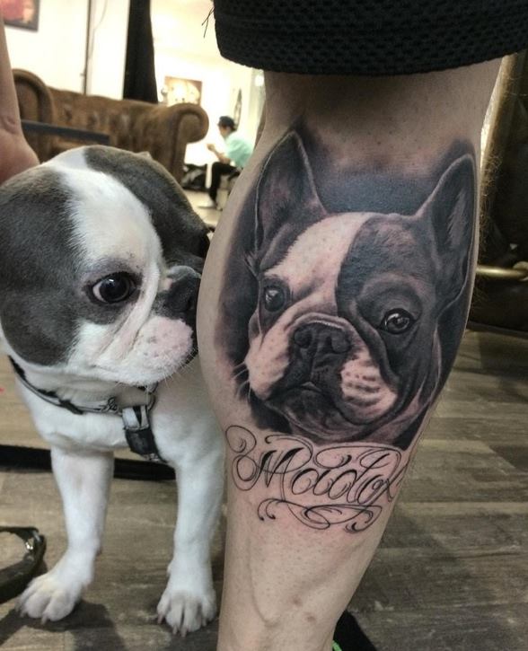 Cute Dog Head Tattoo On Leg by David Garcia
