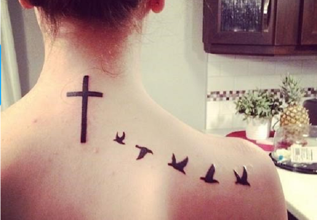 Cute Flying Birds And Cross Tattoo On Upper Back