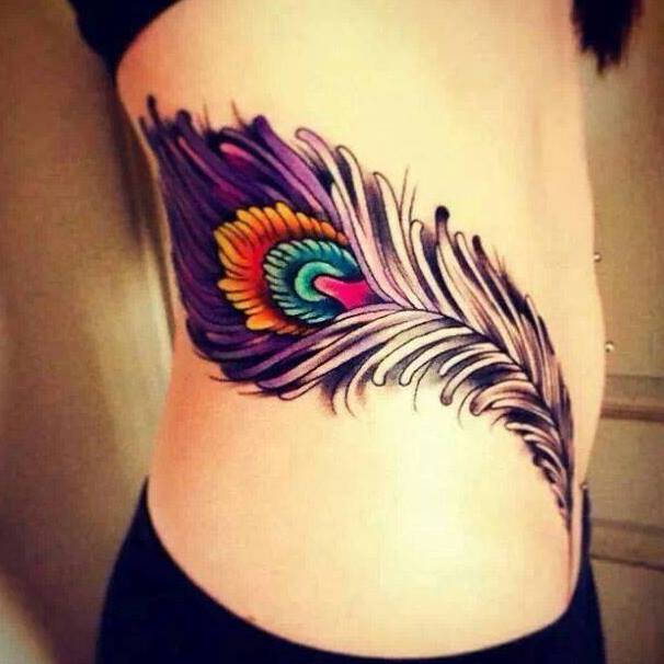 Cute Peacock Feather Tattoo On Side Rib For Girls