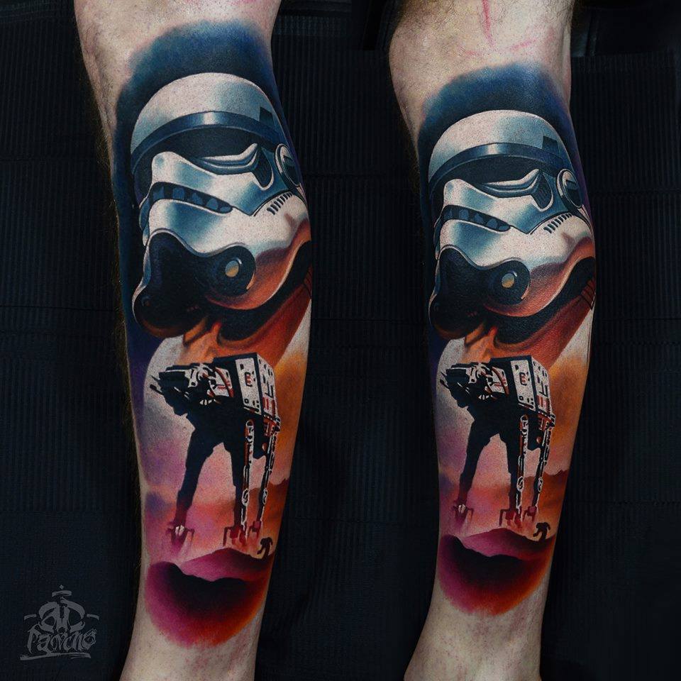 Dali And Star Wars Tattoos On Leg by AD Pancho