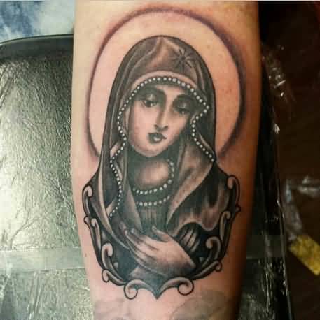 Dark Ink Virgin Mary Tattoo On Arm