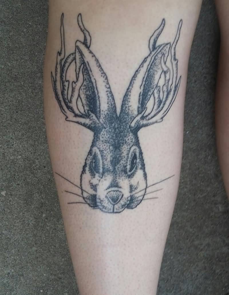 Dotwork Jackalope Head Tattoo On Leg