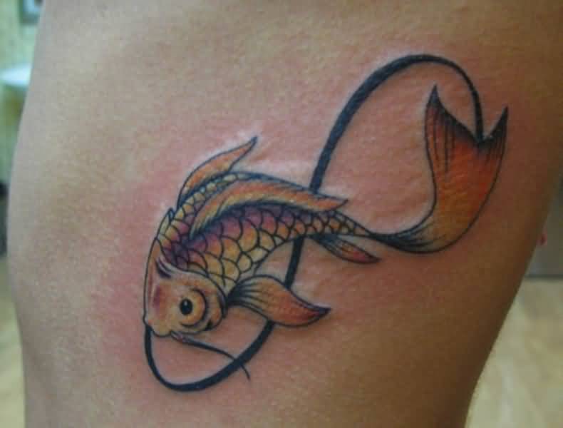 Fish And Infinity Tattoo On Side Rib