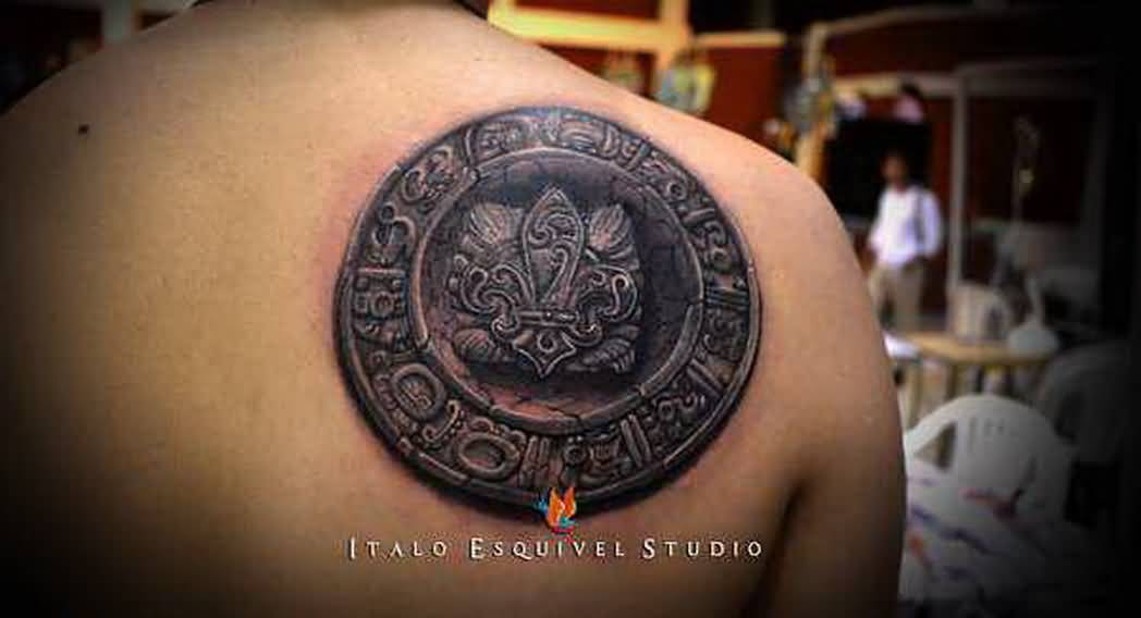 Fleur De Lis Mayan Tattoo On Right Back Shoulder