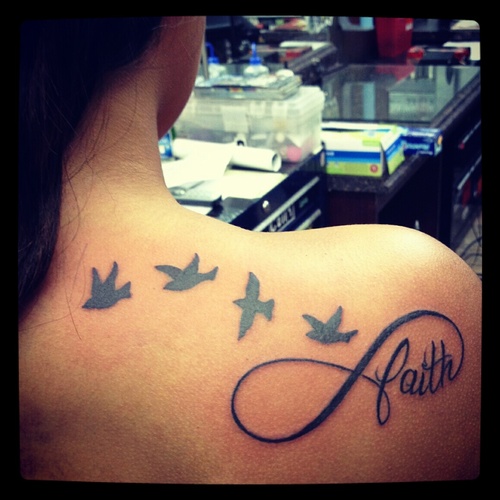 Flying Birds Infinity Faith Tattoo On Girl Right Back Shoulder