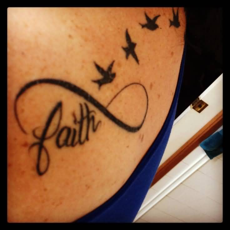 Flying Black Birds And Faith Infinity Tattoo On Upper Back