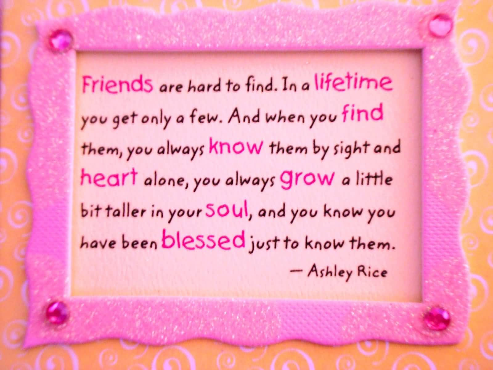 Friends are hard to find. In a lifetime you only get a few. And when you find them, you always know them by sight and heart alone, you always grow a little bit taller in your soul, and you know you have been blessed just to know them. - Ashley Rice