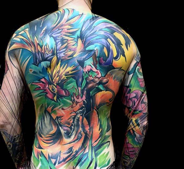 Full Back Colored Rooster Tattoo For Men