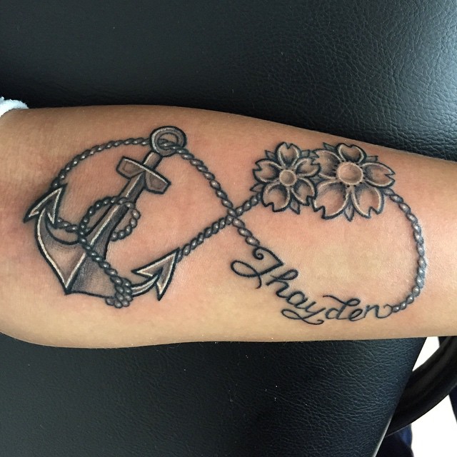 Grey Anchor Infinity Tattoo On Leg