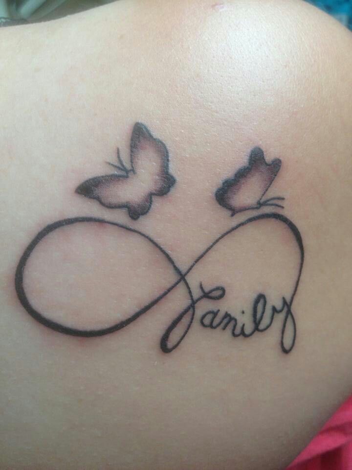 Grey Butterflies And Family Infinity Tattoo On Upper Back