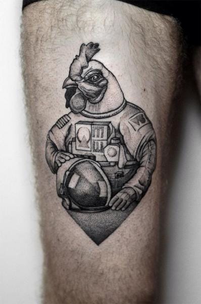 Grey Dotwork Astronaut Rooster Tattoo