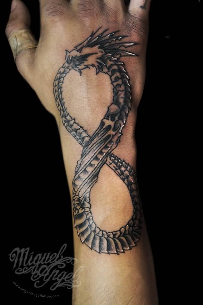 Grey Dragon Infinity Ouroboros Tattoo On Right Hand