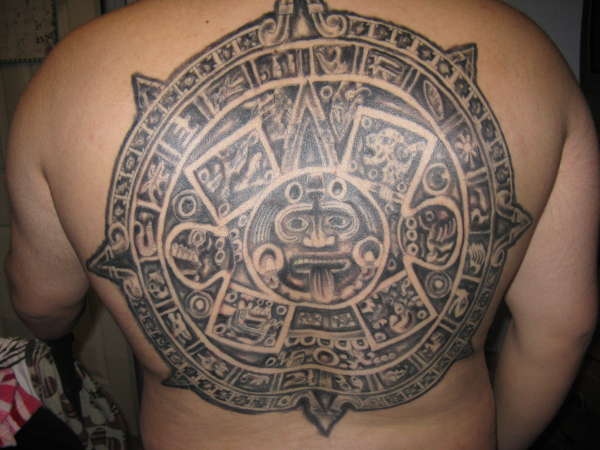 Grey Ink Aztec Mayan Tattoo On Full Back