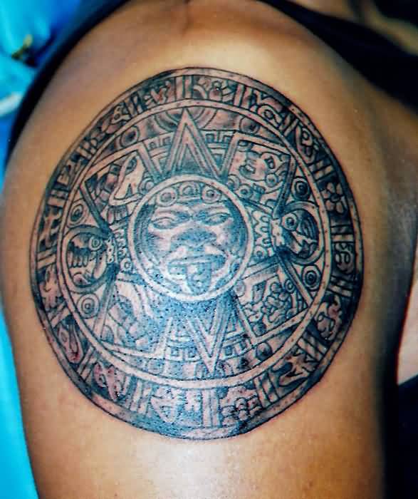 Grey Ink Aztec Mayan Tattoo On Shoulder
