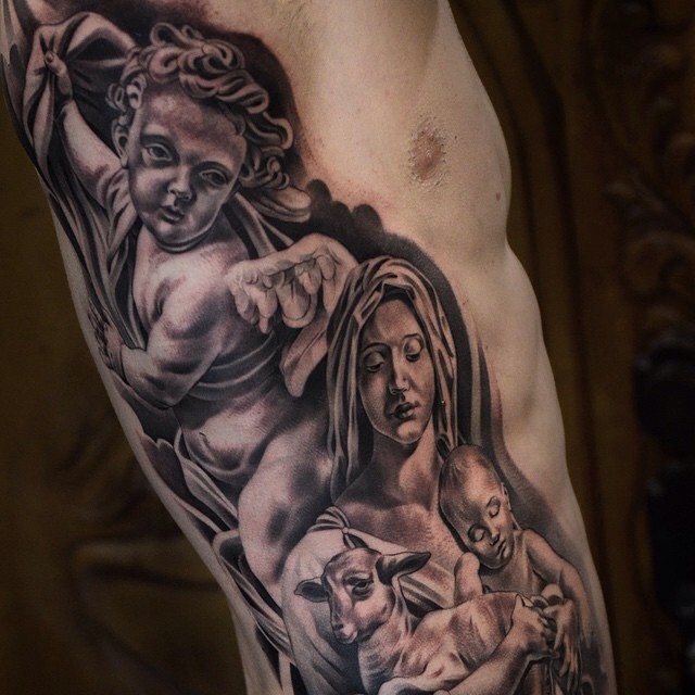 Grey Ink Cherub And Virgin Mary Tattoo On Side Rib