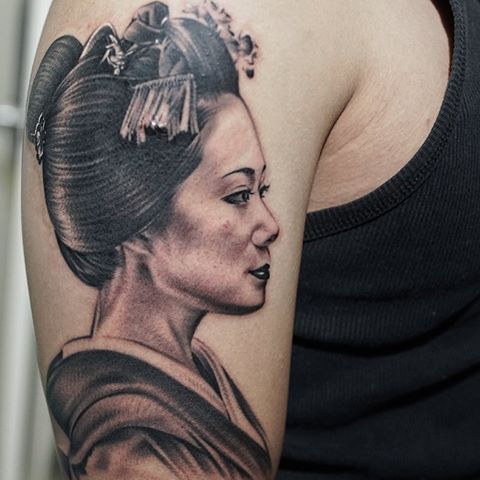 Grey Ink Geisha Tattoo On Right Half Sleeve by Khan Tattoo