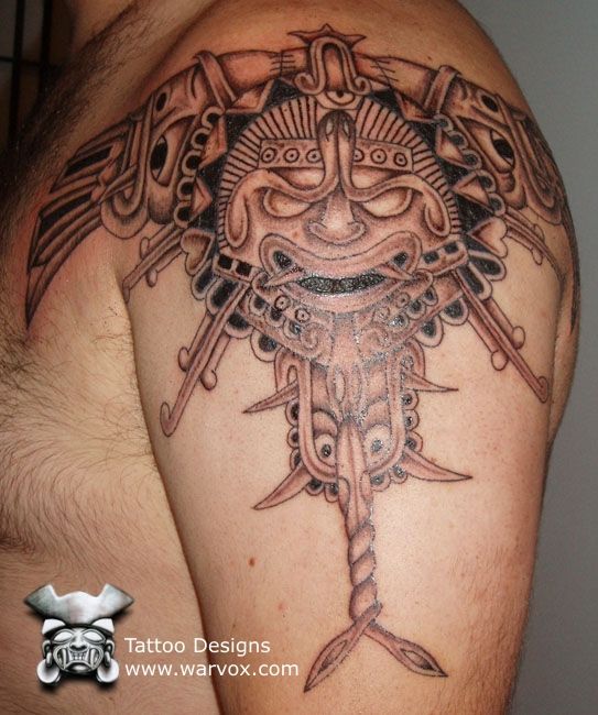 Grey Ink Mayan Symbol Tattoo On Left Shoulder For Men