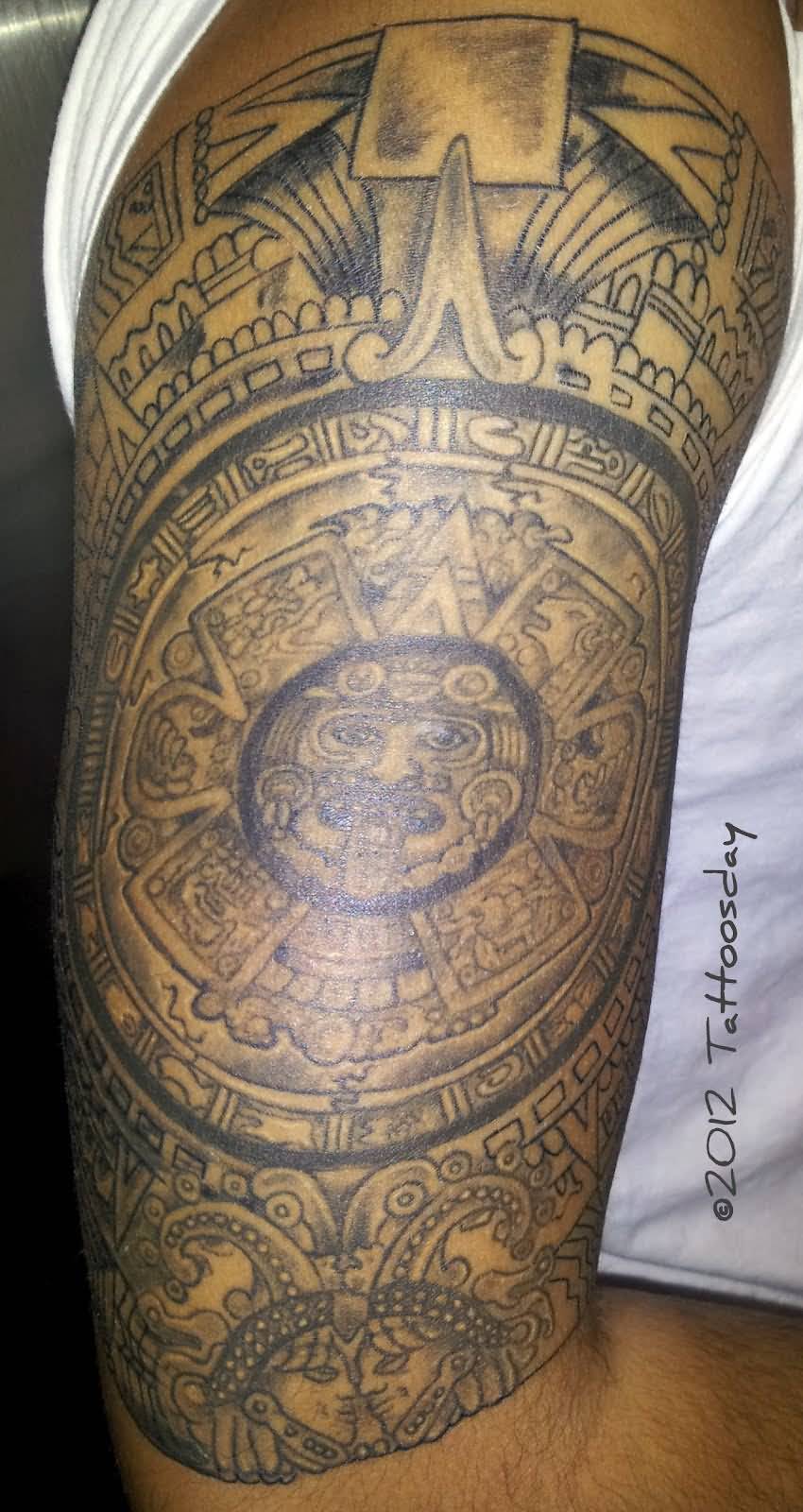 Grey Ink Mayan Tattoo On Man Right Half Sleeve