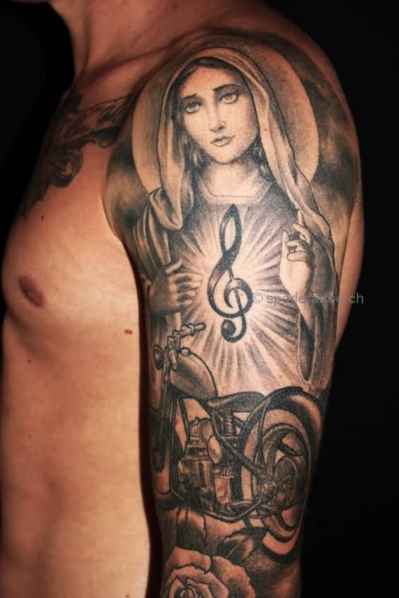 Grey Ink Motorbike And Virgin Mary Tattoo On Left Half Sleeve