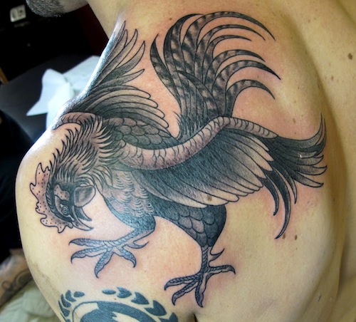 Grey Ink Rooster Tattoo On Left Back Shoulder