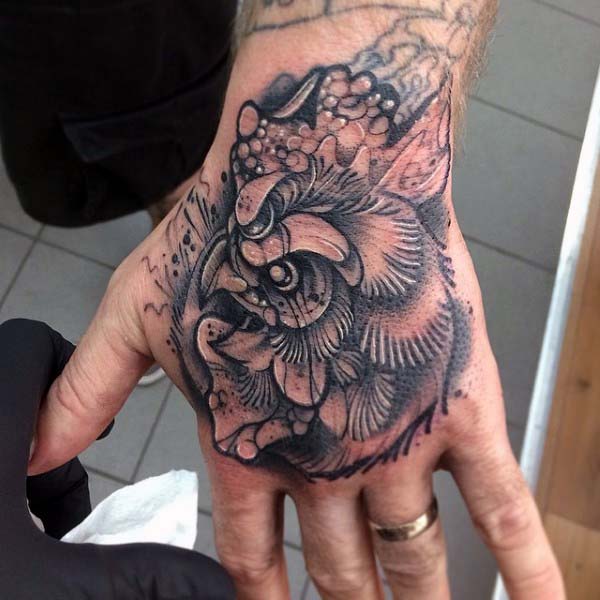 Grey Ink Rooster Tattoo On Left Hand
