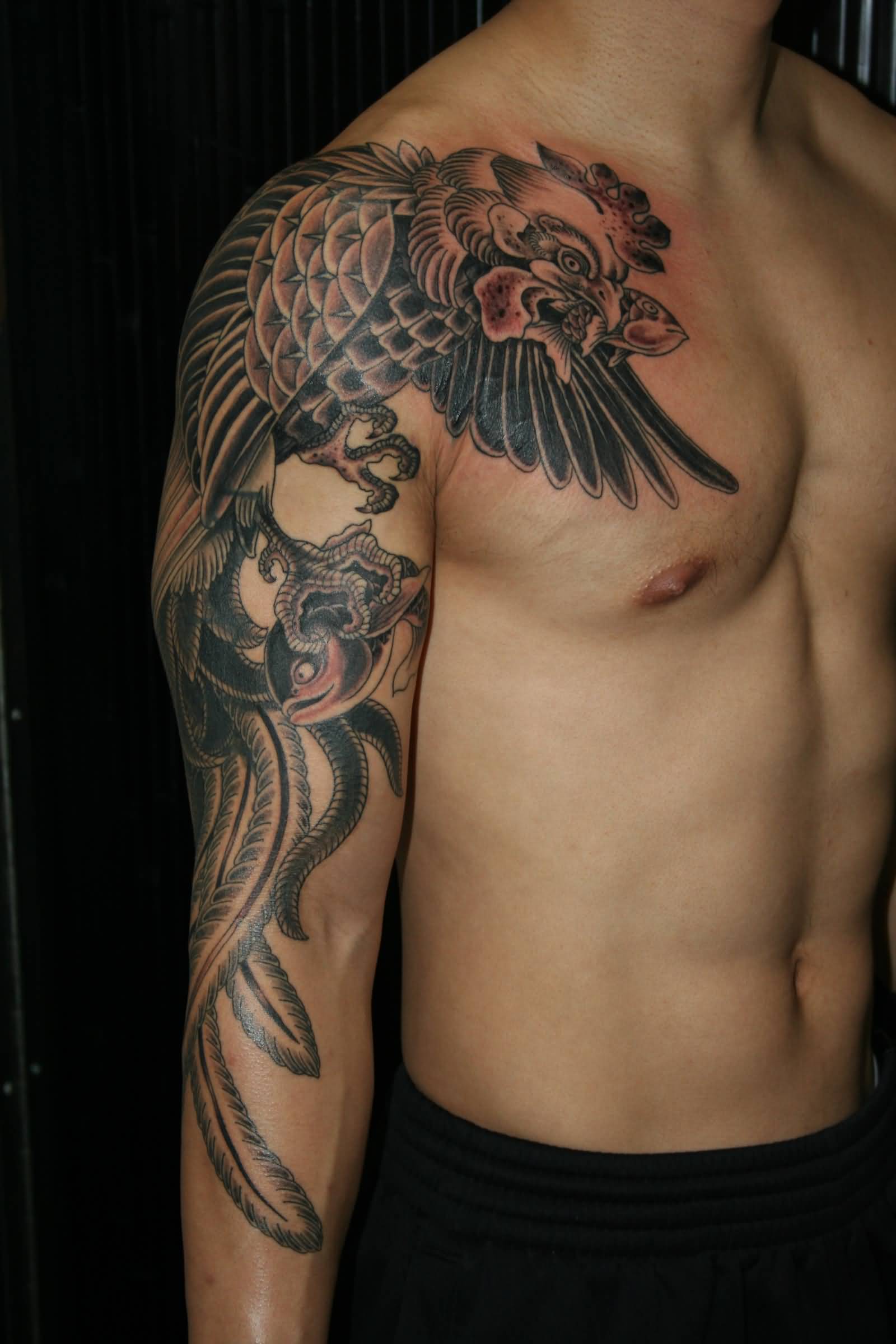 Grey Ink Rooster Tattoo On Man Right Shoulder