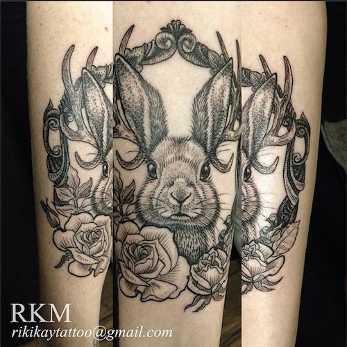 Grey Ink Rose And Jackalope Tattoo