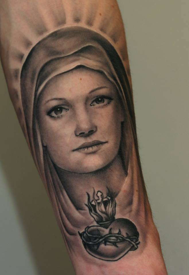 Grey Ink Sacred Heart And Virgin Mary Tattoo On Forearm by by Tattoo Mini