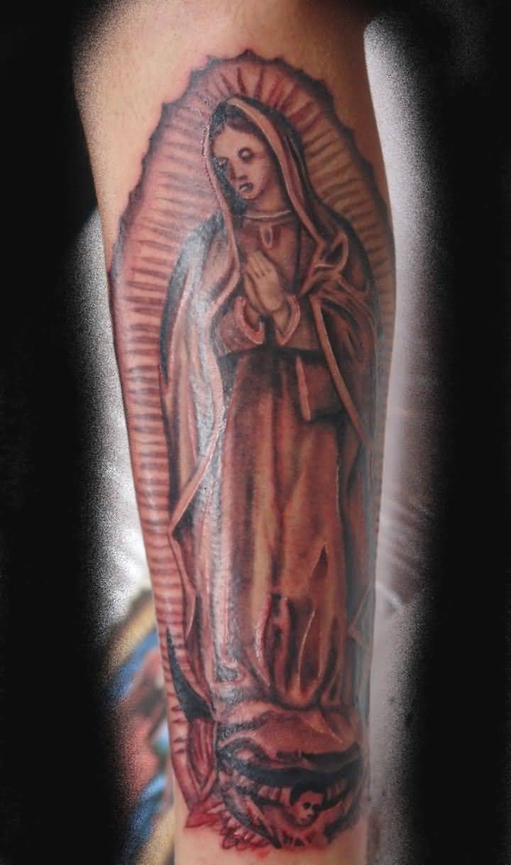 Grey Ink Virgin Mary Tattoo Design For Arm Sleeve