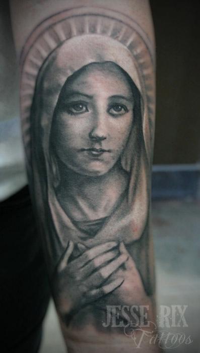 Grey Ink Virgin Mary Tattoo On Left Forearm