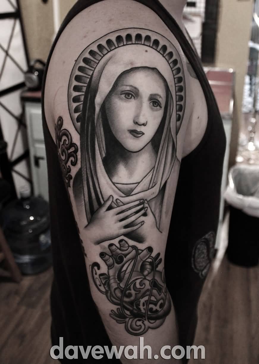 Grey Ink Virgin Mary Tattoo On Man Right Half Sleeve