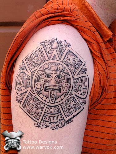 Grey Mayan Tattoo On Man Right Shoulder