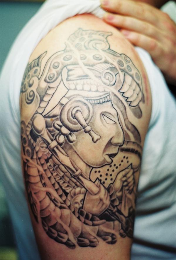 Grey Mayan Tattoo On Right Half Sleeve