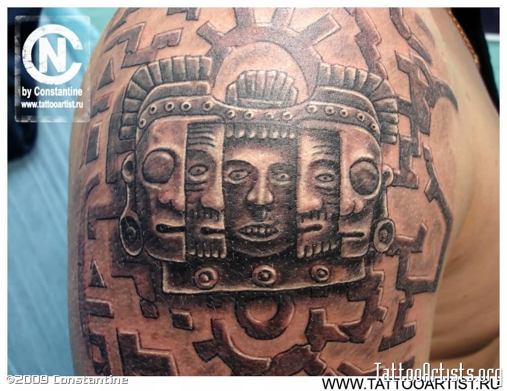 Grey Mayan Tattoo On Shoulder For Men