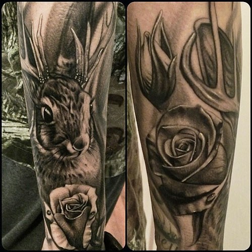 Grey Rose And Jackalope Tattoo On Full Sleeve