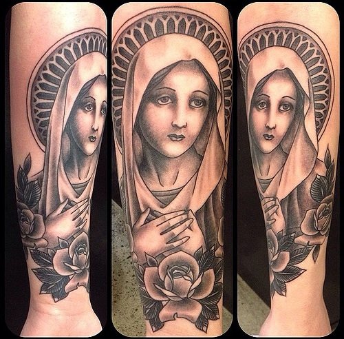 Grey Rose And Virgin Mary Tattoo On Forearm