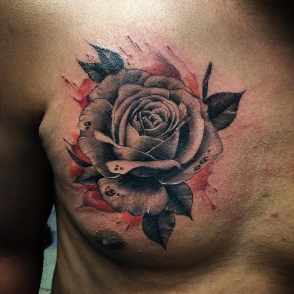 Grey Rose Tattoo On Man Chest by Andres Acevedo