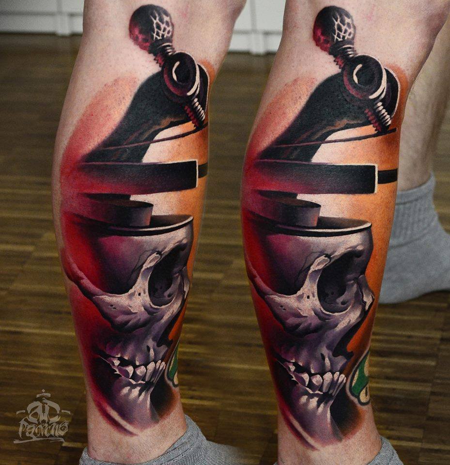 Grey Skull Tattoo On Leg by AD Pancho