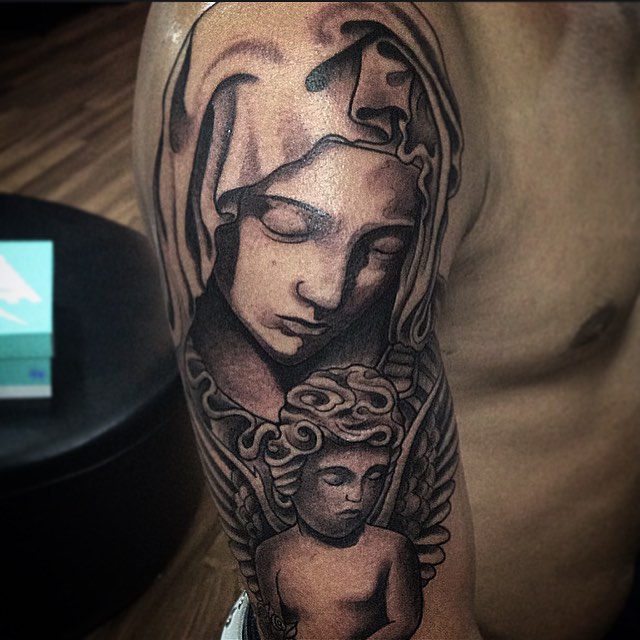 Grey Virgin Mary Tattoo On Man Right Half Sleeve