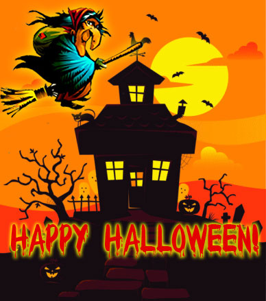 Happy Halloween Witch On Broom Stick Greeting Card