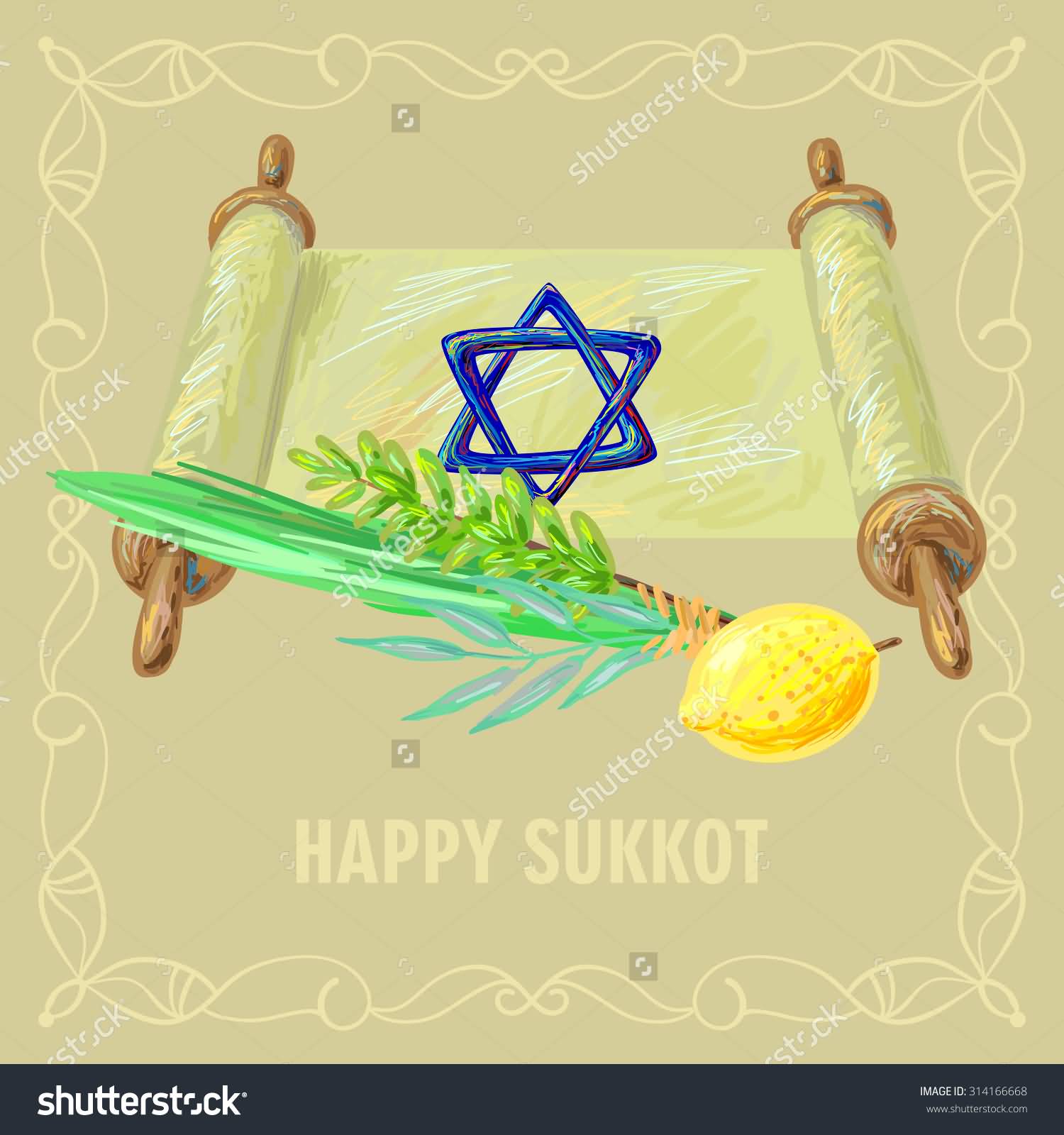 Happy Sukkot Wishes With Four Species And Torah Of Jewish