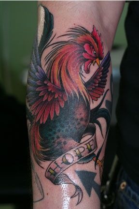 Hope Banner Rooster Tattoo On Right Sleeve