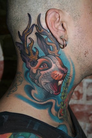 Jackalope Head Tattoo On Side Neck