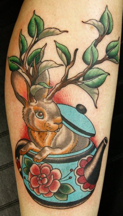 Jackalope In Traditional Cattle Tattoo On Leg