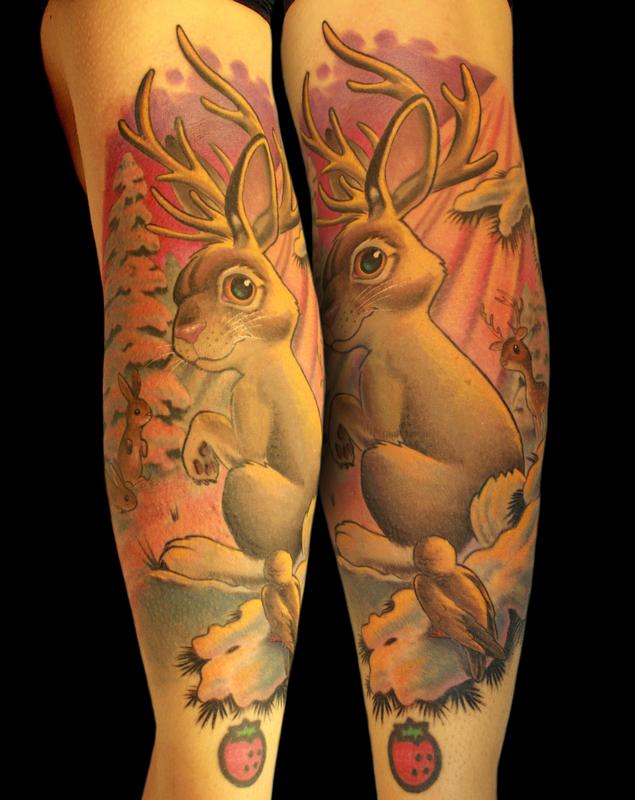 Jackalope Tattoo On Leg Sleeve
