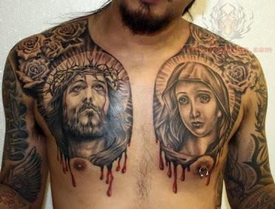 Jesus Head And Virgin Mary Tattoos On Man Chest